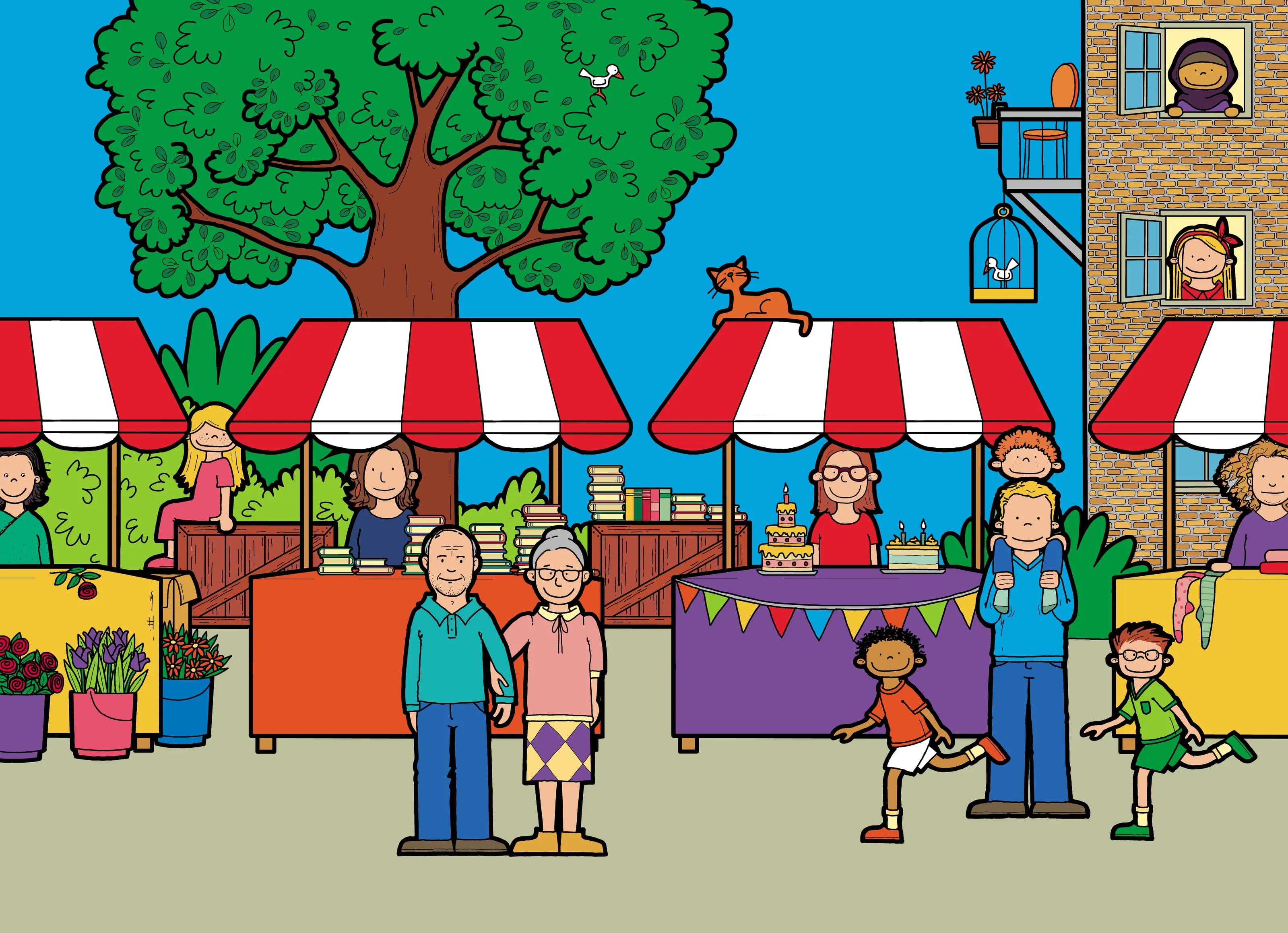 Suus, Luuk, Mo, Noor, Mama, Papa, Opa en Oma op de markt